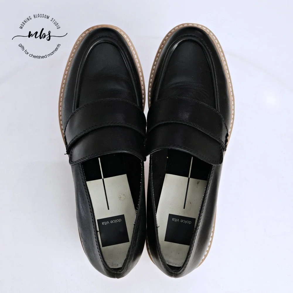 Dolce Vita Halona Leather Chunky Lug Sole Penny Platform Loafers Black Women 9.5